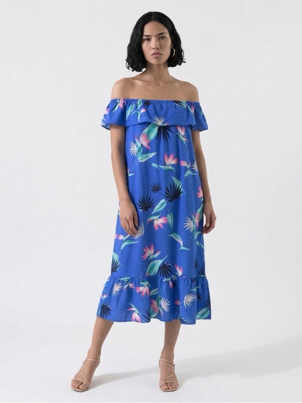 Hawaiian Off-Shoulder Blue Tropical Print Midi Dress Birds of Paradise (L)